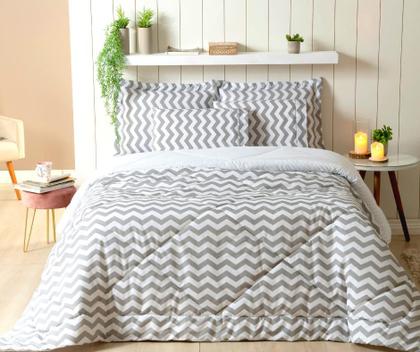 Imagem de Kit edredom cama solteiro com porta travesseiro dupla face quadriculado branco