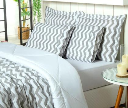 Imagem de Kit edredom cama solteiro com porta travesseiro dupla face quadriculado branco