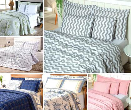 Imagem de Kit edredom cama solteiro com porta travesseiro dupla face quadriculado branco