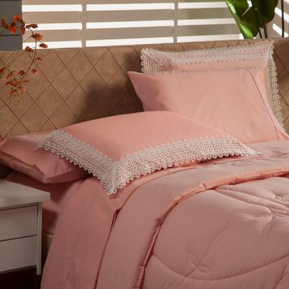 Imagem de Kit Edredom CASAL PADRÃO 03 Peças Liso Florença Guipir Dupla Face com Fronhas - Tecido Percal Algodão 200 Fios Macio Conjunto Jogo Cama Cobertor Renda