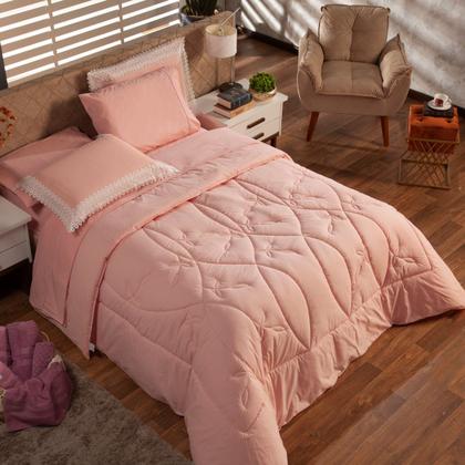 Imagem de Kit Edredom CASAL PADRÃO 03 Peças Liso Florença Guipir Dupla Face com Fronhas - Tecido Percal Algodão 200 Fios Macio Conjunto Jogo Cama Cobertor Renda