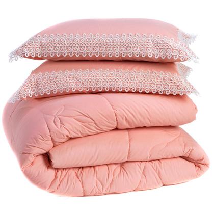 Imagem de Kit Edredom CASAL PADRÃO 03 Peças Liso Florença Guipir Dupla Face com Fronhas - Tecido Percal Algodão 200 Fios Macio Conjunto Jogo Cama Cobertor Renda