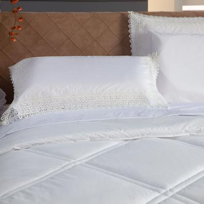 Imagem de Kit Edredom CASAL PADRÃO 03 Peças Liso Florença Guipir Dupla Face com Fronhas - Tecido Percal Algodão 200 Fios Macio Conjunto Jogo Cama Cobertor Renda