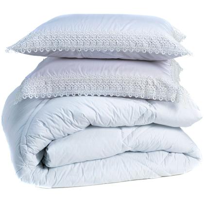 Imagem de Kit Edredom CASAL PADRÃO 03 Peças Liso Florença Guipir Dupla Face com Fronhas - Tecido Percal Algodão 200 Fios Macio Conjunto Jogo Cama Cobertor Renda