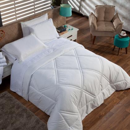 Imagem de Kit Edredom CASAL PADRÃO 03 Peças Liso Florença Guipir Dupla Face com Fronhas - Tecido Percal Algodão 200 Fios Macio Conjunto Jogo Cama Cobertor Renda