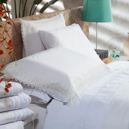 Imagem de Kit Edredom CASAL PADRÃO 03 Peças Liso Florença Guipir Dupla Face com Fronhas Tecido Percal Algodão 200 Fios Macio Conjunto Jogo Cama Cobertor Renda
