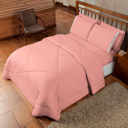 Imagem de Kit Edredom Casal Queen Dupla Face 06 Peças Com Jogo de Cama Lençol com Elastico Fronhas Porta Travesseiro com Babado Leze