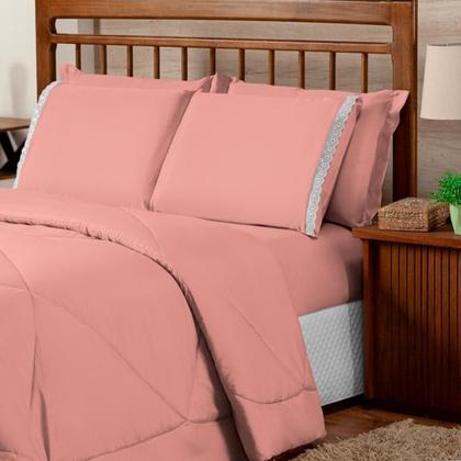 Imagem de Kit Edredom Casal Queen Dupla Face 06 Peças Com Jogo de Cama Lençol com Elastico Fronhas Porta Travesseiro com Babado Leze