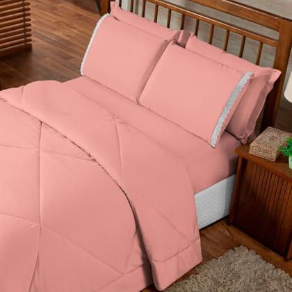 Imagem de Kit Edredom Casal Queen Dupla Face 06 Peças Com Jogo de Cama Lençol com Elastico Fronhas Porta Travesseiro com Babado Leze