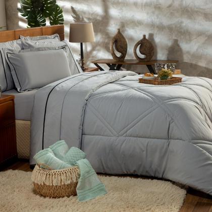 Imagem de Kit Edredom Cobertor QUEEN 03 Peças Milano Liso Dupla Face Percal Algodão 200 Fios com Fronhas