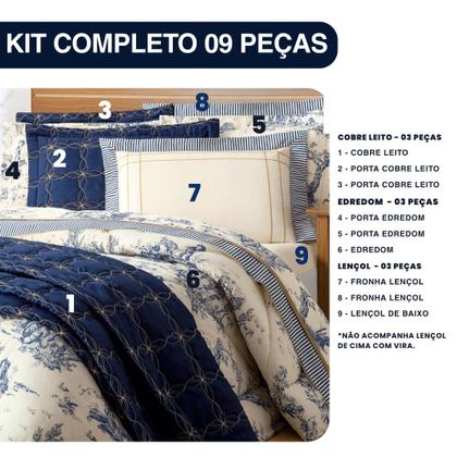 Imagem de Kit Edredom, Cobre Leito e Lençol 09 Peças Casal, Queen ou King Porcelana