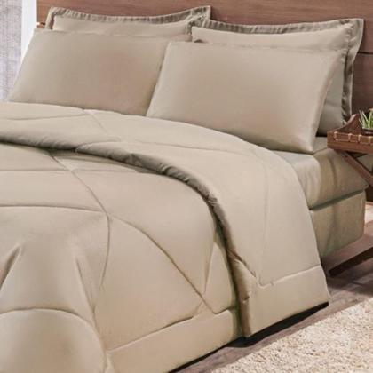 Imagem de Kit Edredom + Jogo De Lençol Aconchego Look House Dupla Face Solteiro 04 Peças - Caqui - Acabamento com Alta Qualidade