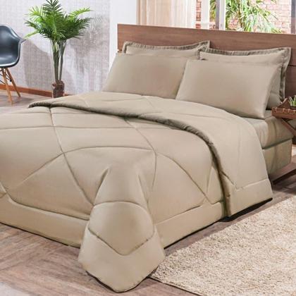 Imagem de Kit Edredom + Jogo De Lençol Aconchego Look House Dupla Face Solteiro 04 Peças - Caqui - Acabamento com Alta Qualidade