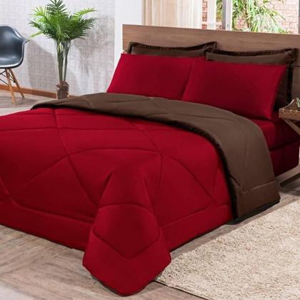 Imagem de Kit Edredom + Jogo De Lençol Aconchego Look House Dupla Face Solteiro 04 Peças - Disponível cor Vermelho- Marrom