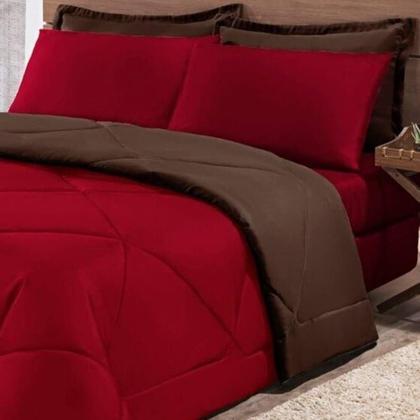 Imagem de Kit Edredom + Jogo De Lençol Aconchego Look House Dupla Face Solteiro 04 Peças - Disponível cor Vermelho- Marrom