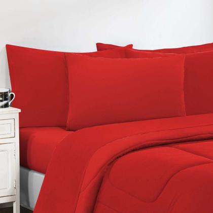 Imagem de Kit Edredom + Jogo De Lençol Malha 100% Algodão Gran Moratta 5 Peças Solteiro - Vermelho/Vermelho