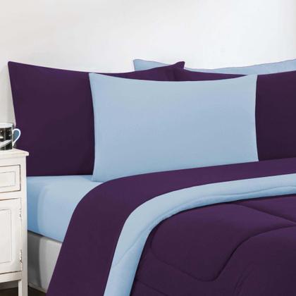 Imagem de Kit Edredom + Jogo De Lençol Malha 100% Algodão Gran Moratta 7 Peças Queen - Roxo /Azul Bebê