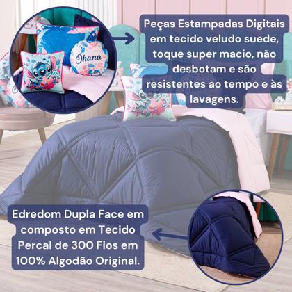Imagem de Kit Edredom Stich Azul Marinho/Rosa com Almofadas CASAL 07 Peças - Dupla Face Percal 300 Fios 100% Algodão Original