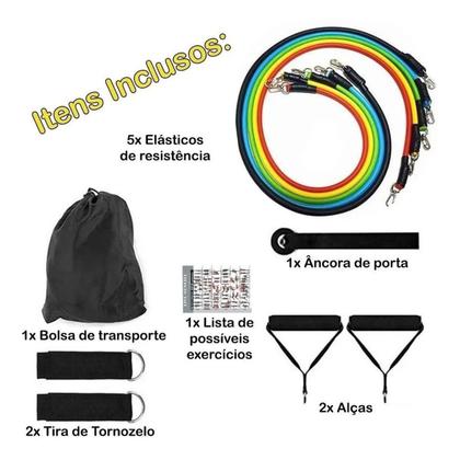 Imagem de Kit Elástico Extensor 11 Peças Funcional Musculação Fitn