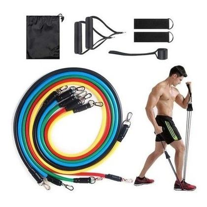 Imagem de Kit Elástico Extensor Exercício Academia com 11 Itens Funcional Fisioterapia Fitness