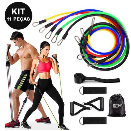 Imagem de Kit Elásticos Extensores 11 Peças + Hand Grip + Roda Abdominal + Barra de Apoio para Flexão