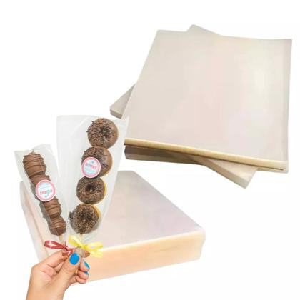 Imagem de Kit embalagem mini donut 100 espeto 25cm 100 unid saco p.p 15x25 1 rolo de fitilho colorido