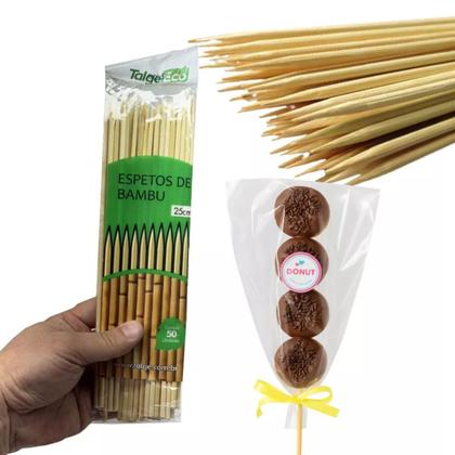 Imagem de Kit Embalagem mini DONUTS com 100 espeto 25cm, 100 unidades de saco P.P 15X25 e 1 rolo de fitilho colorido.