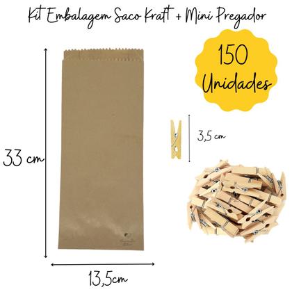 Imagem de Kit Embalagem Saco Kraft + Mini Pregador 3,5cm 150 Unidades