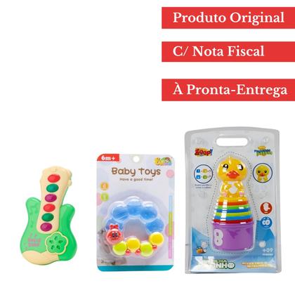 Imagem de Kit Empilha Patinho Didático Para Bebê Com Guitarra Musical 6 Músicas E Mordedor Lagartinha Com Água Alívio Da Gengiva