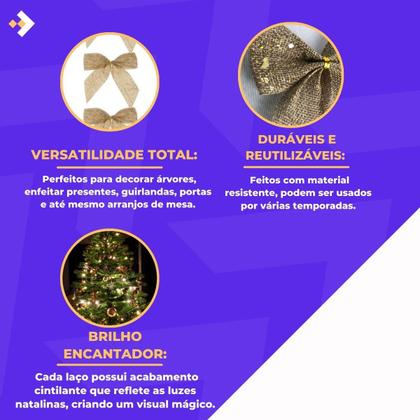 Imagem de Kit Enfeite Árvore Natal Laço Juta Brilho 5 Unidades