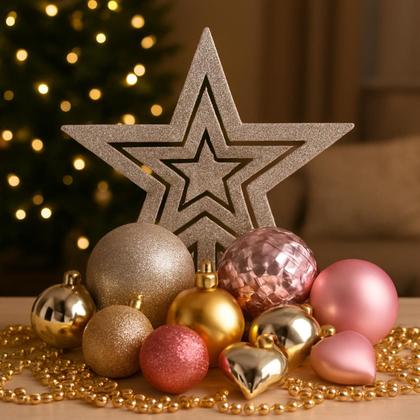 Imagem de Kit Enfeite Natalino 40 Peças Árvore Bolas Cordão Coração Pinha Estrela Ponteira Decoração Resistente Versátil Prático Design Moderno Guirlanda