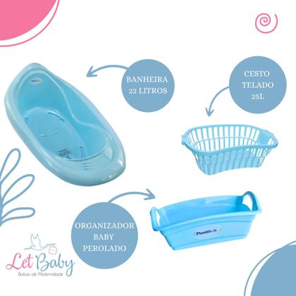 Imagem de Kit Enxoval de Bebê Banheira Cesto Balde Roupão Kit Higiene e Mamadeiras - Menino e Menina