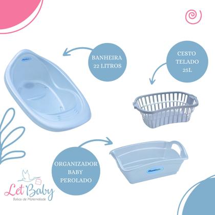 Imagem de Kit Enxoval de Bebê Banheira Cesto Balde Roupão Kit Higiene e Mamadeiras - Menino e Menina