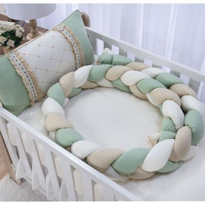 Imagem de Kit enxoval para berço bebê modelo de trança mosaico verde neutro menino luxo