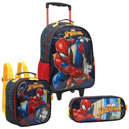 Imagem de Kit Escola Mochila De Rodinhas Lancheira Estojo Homem Aranha