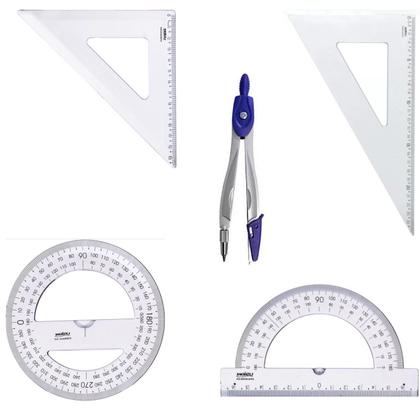 Imagem de Kit Escolar 5 Peças com Transferidor Esquadro e Compasso Ideal para uso escolar Matemática geometria desenho técnico