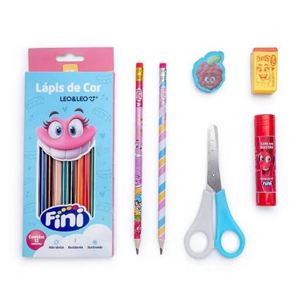 Imagem de Kit Escolar Fini 12 Lápis de Cor + Lápis Grafite Estampado + Apontador + Borracha + Cola + Tesoura  - Leo&Leo