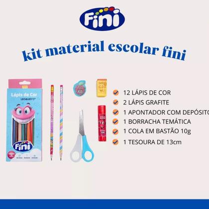 Imagem de Kit Escolar Fini 12 Lápis de Cor + Lápis Grafite Estampado + Apontador + Borracha + Cola + Tesoura  - Leo&Leo