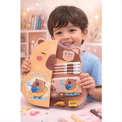 Imagem de Kit Escolar Infantil Capy da Fofy 7 Peças com Lápis Borracha Estojo Apontador  Material Escolar Capivara Fofa e Kawaii