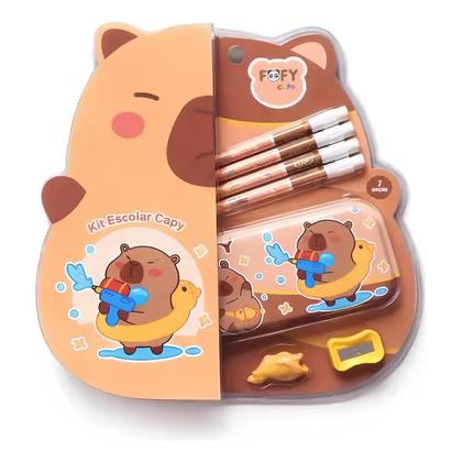 Imagem de Kit Escolar Infantil Capy da Fofy 7 Peças com Lápis Borracha Estojo Apontador  Material Escolar Capivara Fofa e Kawaii