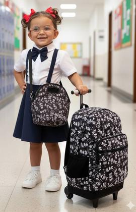 Imagem de Kit Escolar Juvenil Personagem Minnie Mouse - Preto E Branco - Disney - Original : Mochila Executiva De Rodinhas + Lancheira Térmica
