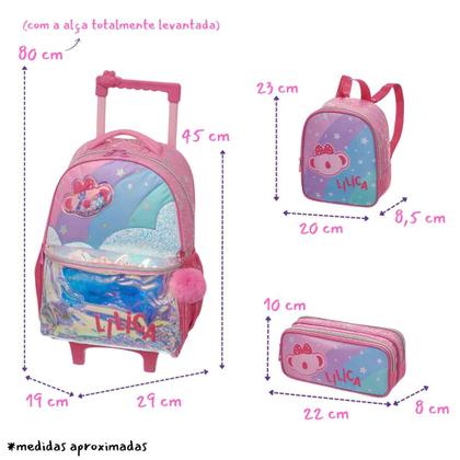 Imagem de Kit Escolar Lilica Ripilica Coleção 2025 Original Pacific, Mochila Mala Com Rodinhas + Lancheira + Estojo Duplo