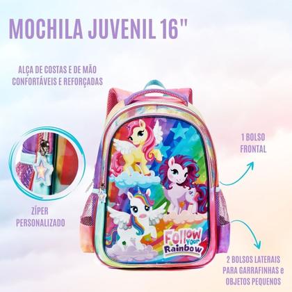 Imagem de Kit Escolar Mochila de Costas, Lancheira Termica e Estojo Duplo Unicornio, Meninas, Feminina