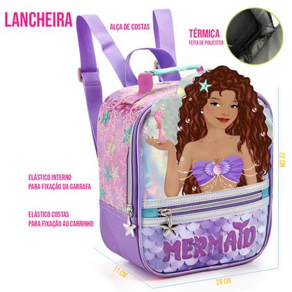 Imagem de Kit Escolar Mochila Estojo Lancheira Sereia Infantil Rodinha
