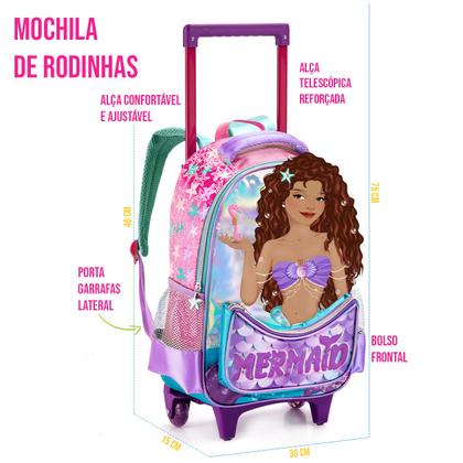 Imagem de Kit Escolar Mochila Estojo Lancheira Sereia Infantil Rodinha