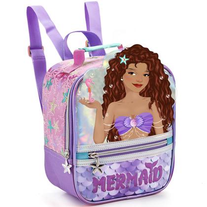 Imagem de Kit Escolar Mochila Estojo Lancheira Sereia Infantil Rodinha