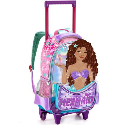 Imagem de Kit Escolar Mochila Estojo Lancheira Sereia Infantil Rodinha
