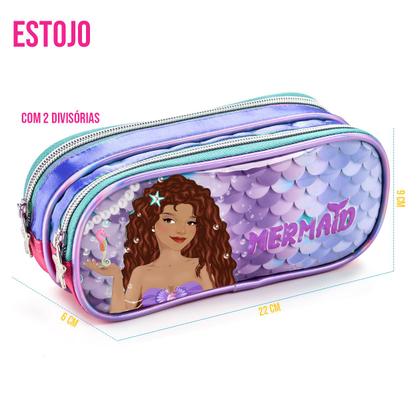 Imagem de Kit Escolar Mochila Estojo Lancheira Sereia Infantil Rodinha