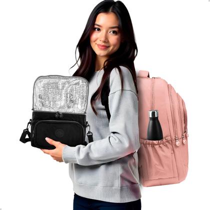 Imagem de Kit Escolar Mochila Feminina Espaçosa + Bolsa Térmica Marmita Pratico