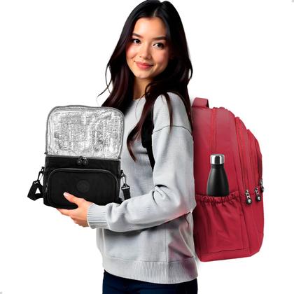 Imagem de Kit Escolar Mochila Feminina Espaçosa + Bolsa Térmica Marmita Pratico